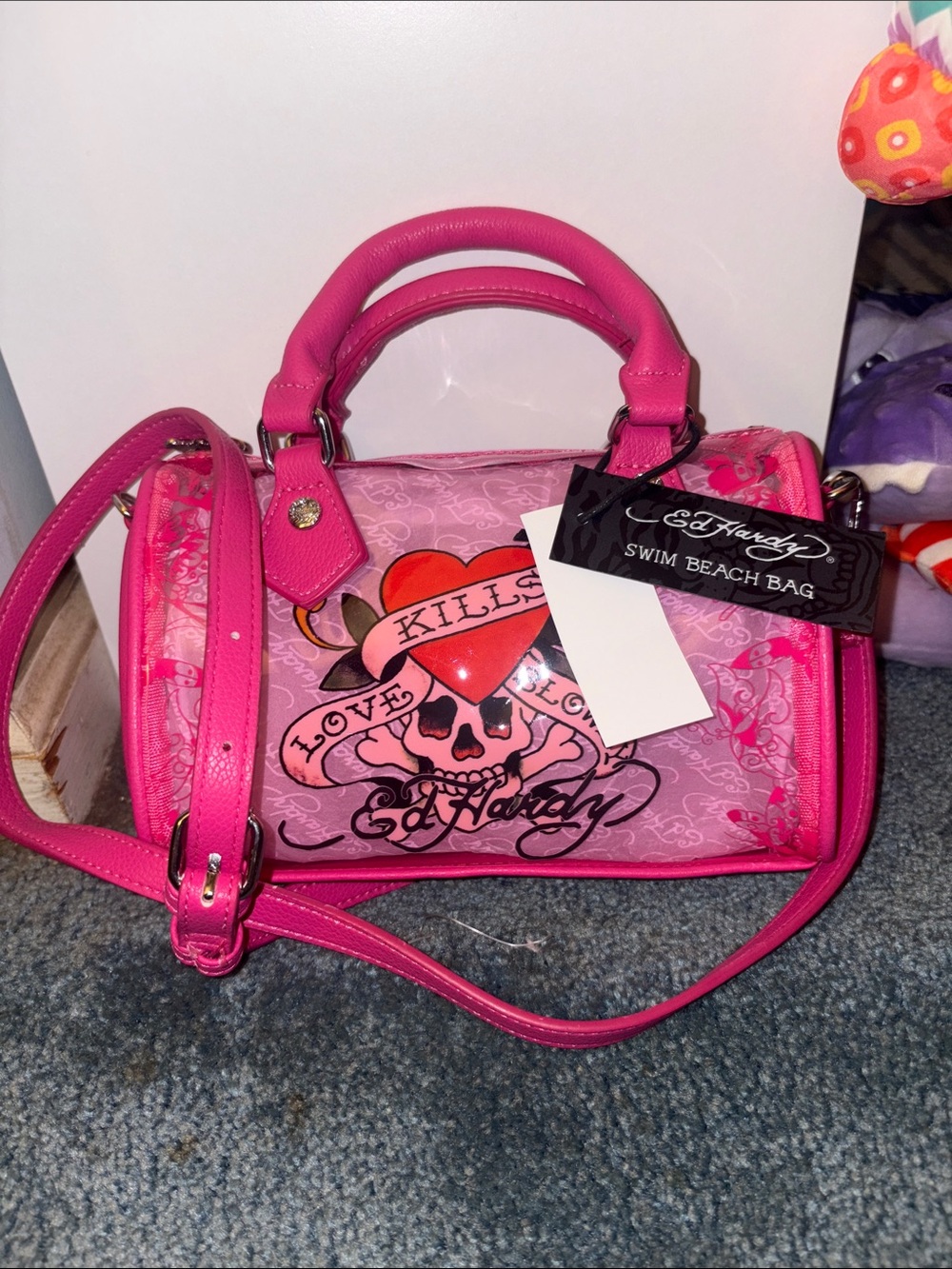 Ed Hardy Hot Pink 'Love Kills Slowly' Crossbody Satchel *bag is see through*